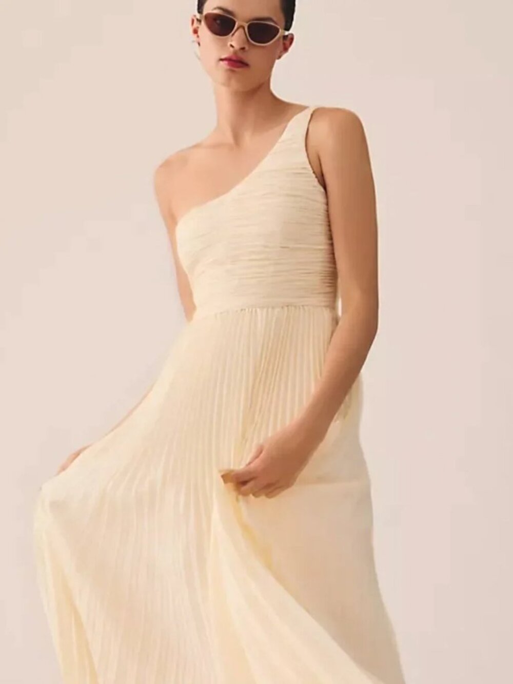 Anthropologie Forever That Girl Cream One Shoulder Pleated Formal Maxi Dress M